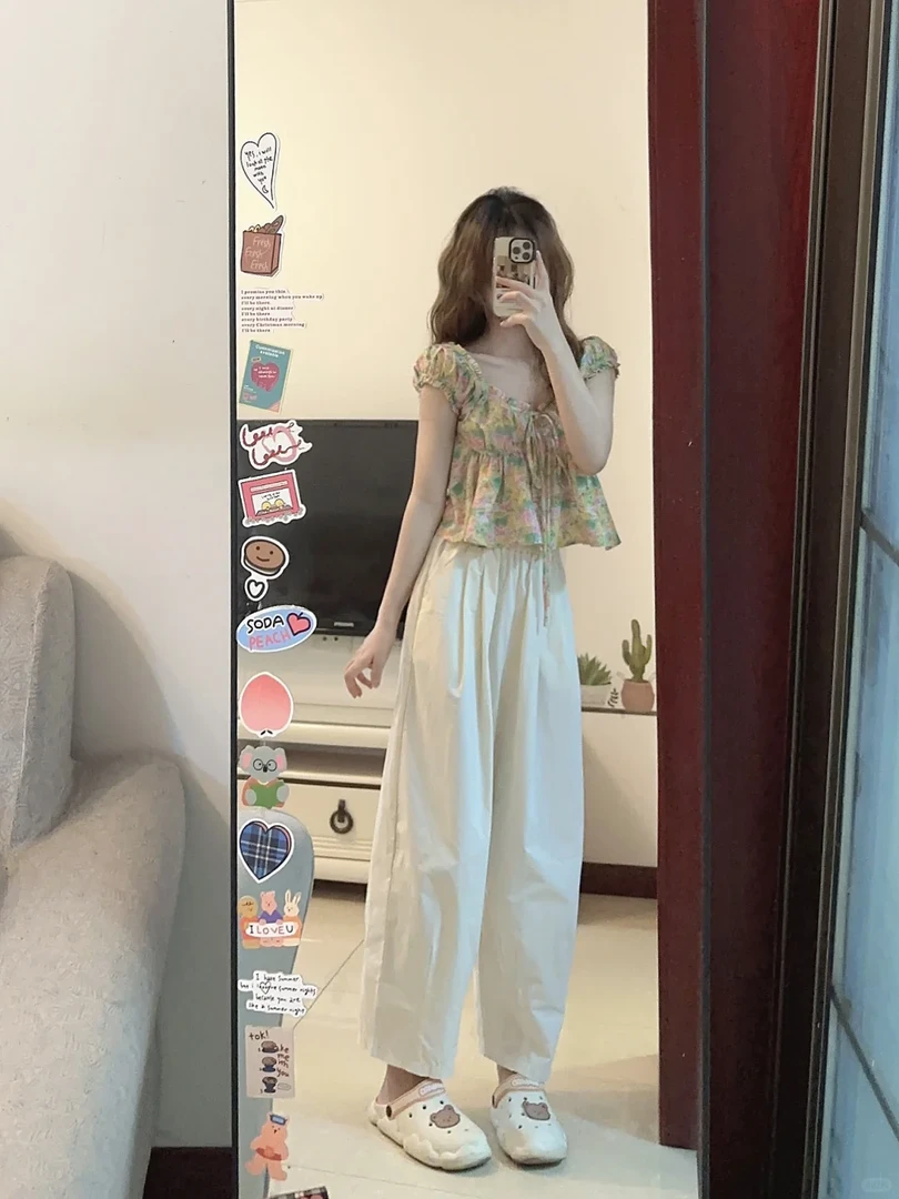 夏季网红盐系穿搭轻熟风甜美温柔小个子碎花上衣阔腿裤两件套装女