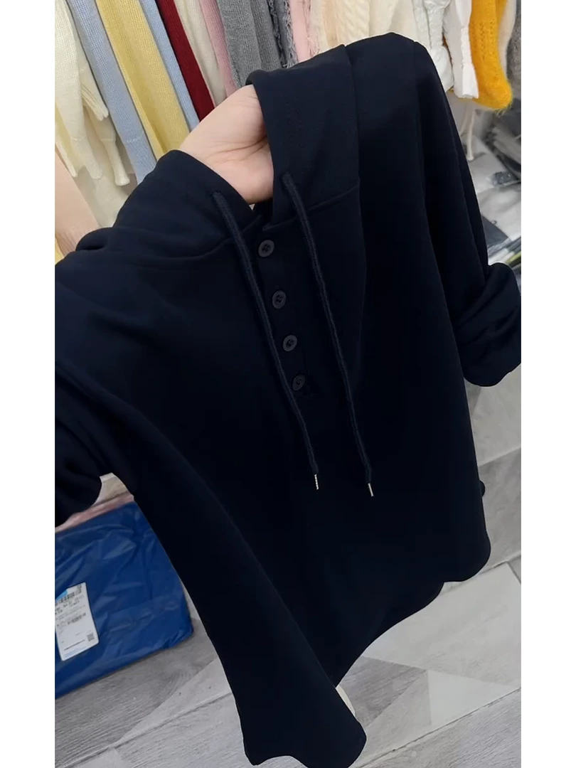 法式高级气质百搭舒适休闲简约风黑色卫衣女2025早秋连帽质感长袖