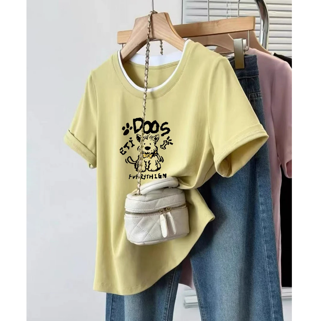 圆领上衣夏季大码女装宽松遮肚显瘦胖mm洋气短袖t恤美式复古撞色