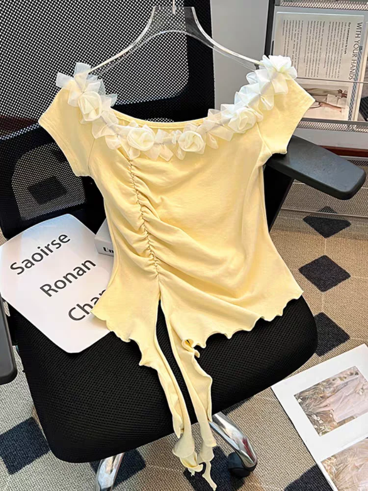 优米家大码洋气T恤荷叶边短袖修身修身型露肩透气INS风性感风