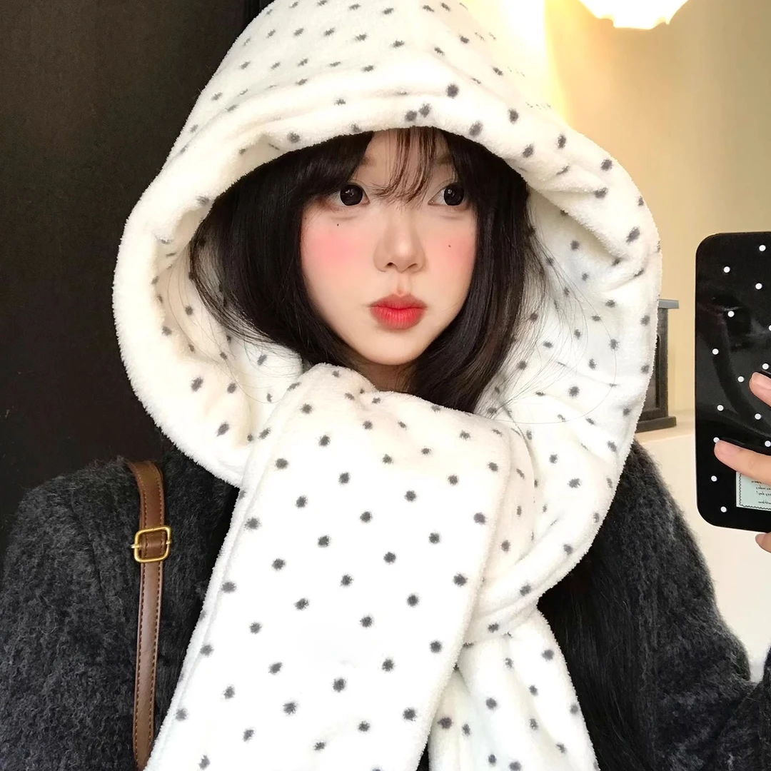 韩版印花蝴蝶结围巾帽子冬天毛茸茸女保暖加厚防寒围脖雷锋帽子