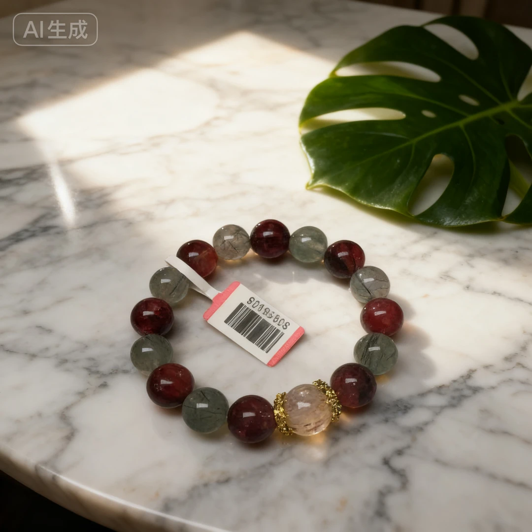 【三少人文晶典】天然绿发晶+红胶花+黑金超七设计手链