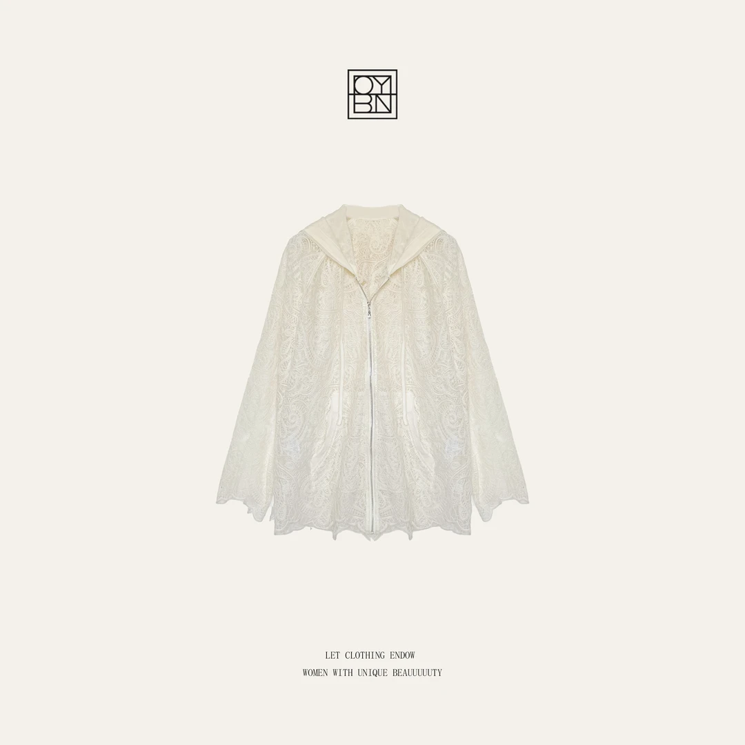 OYBN欧阳贝妮【茉莉花茶】微胖大码水溶蕾丝连帽开衫上衣1764