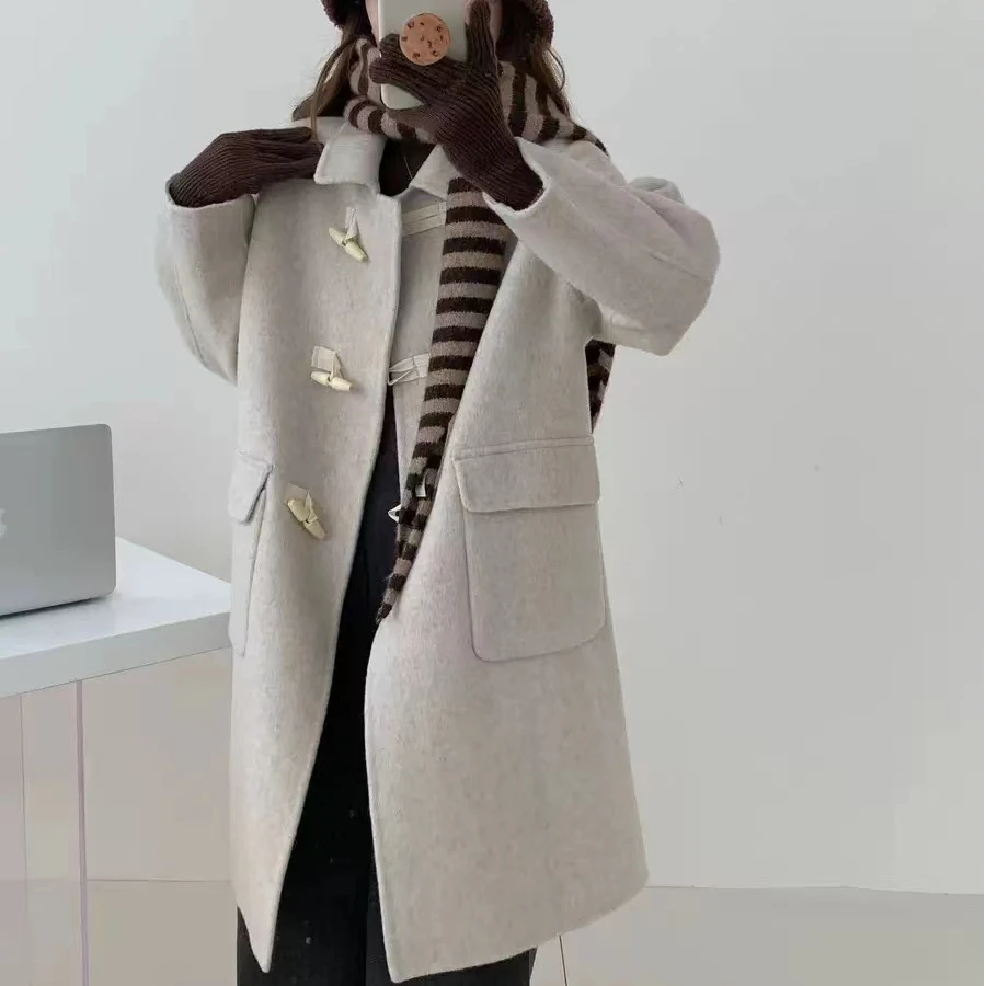 （安沐）牛角扣长度100羊毛大衣韩系小清新8655