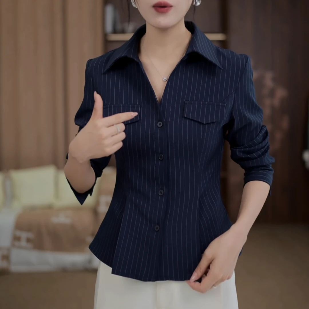 【曼妙动人】秋季新款轻奢气质条纹长袖衬衫收腰显瘦上衣LK2507163