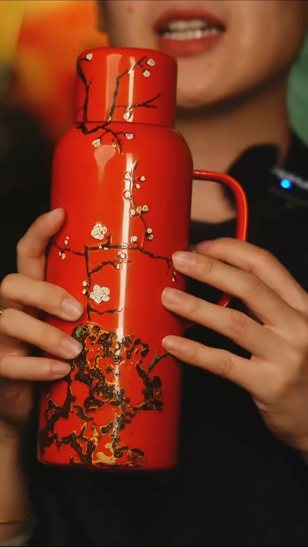 @暖橙色素髹蛋壳镶嵌犀皮工艺保温杯@非遗大漆