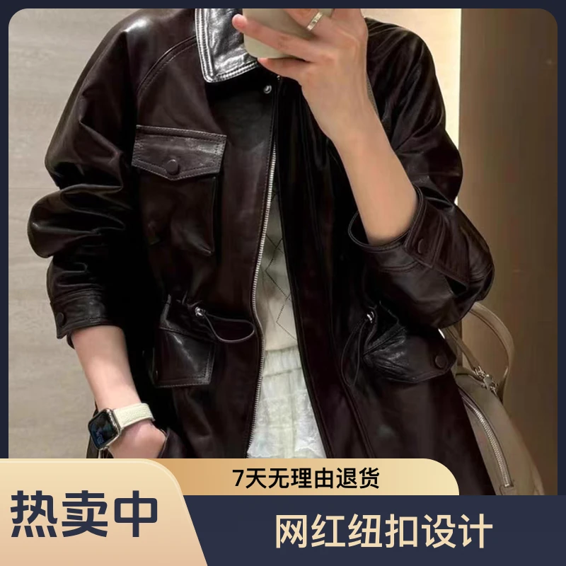 2025油蜡拉链皮衣休闲中长款春季宽松型时尚网红纽扣百搭直筒型