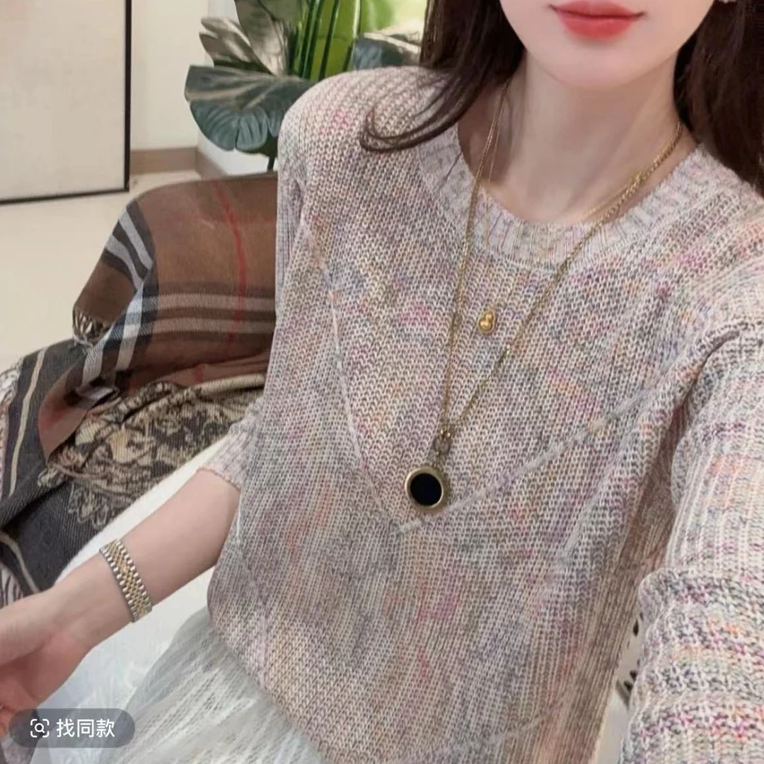 【花纱紫】004春款圆领高级感拼色针织毛衣