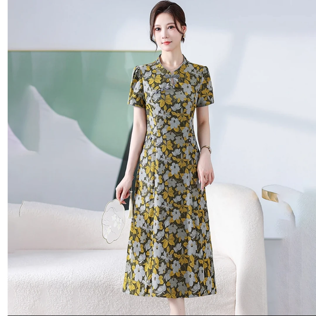 X0516夏季气质连衣裙女显瘦收腰时尚减龄遮肉国风修身连衣裙