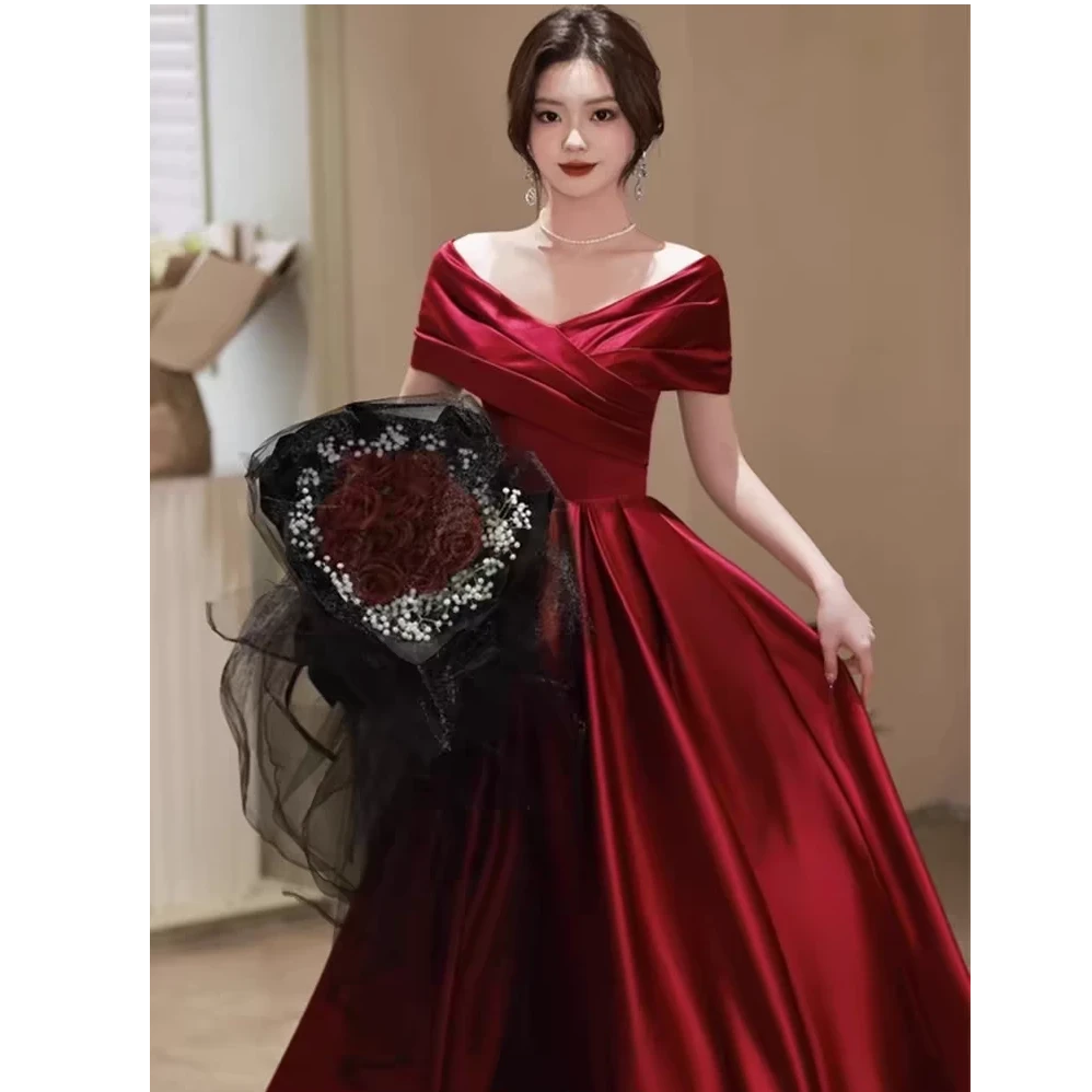 敬酒服新娘结婚订婚礼服一字肩大码孕妇遮肚子小个子酒红色晚礼服