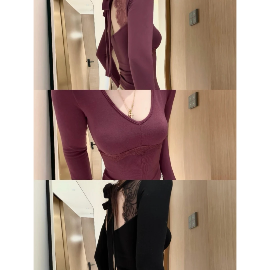 纯欲风蕾丝拼接挂脖v领针织衫女冬季新款气质长袖修身打底衫上衣