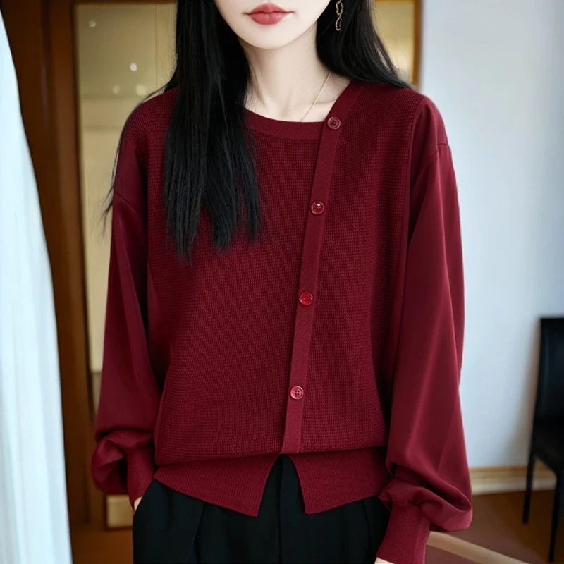 早秋春冬新款女装毛衣遮肚子设计感不规则纽扣2025新款针织衫外套