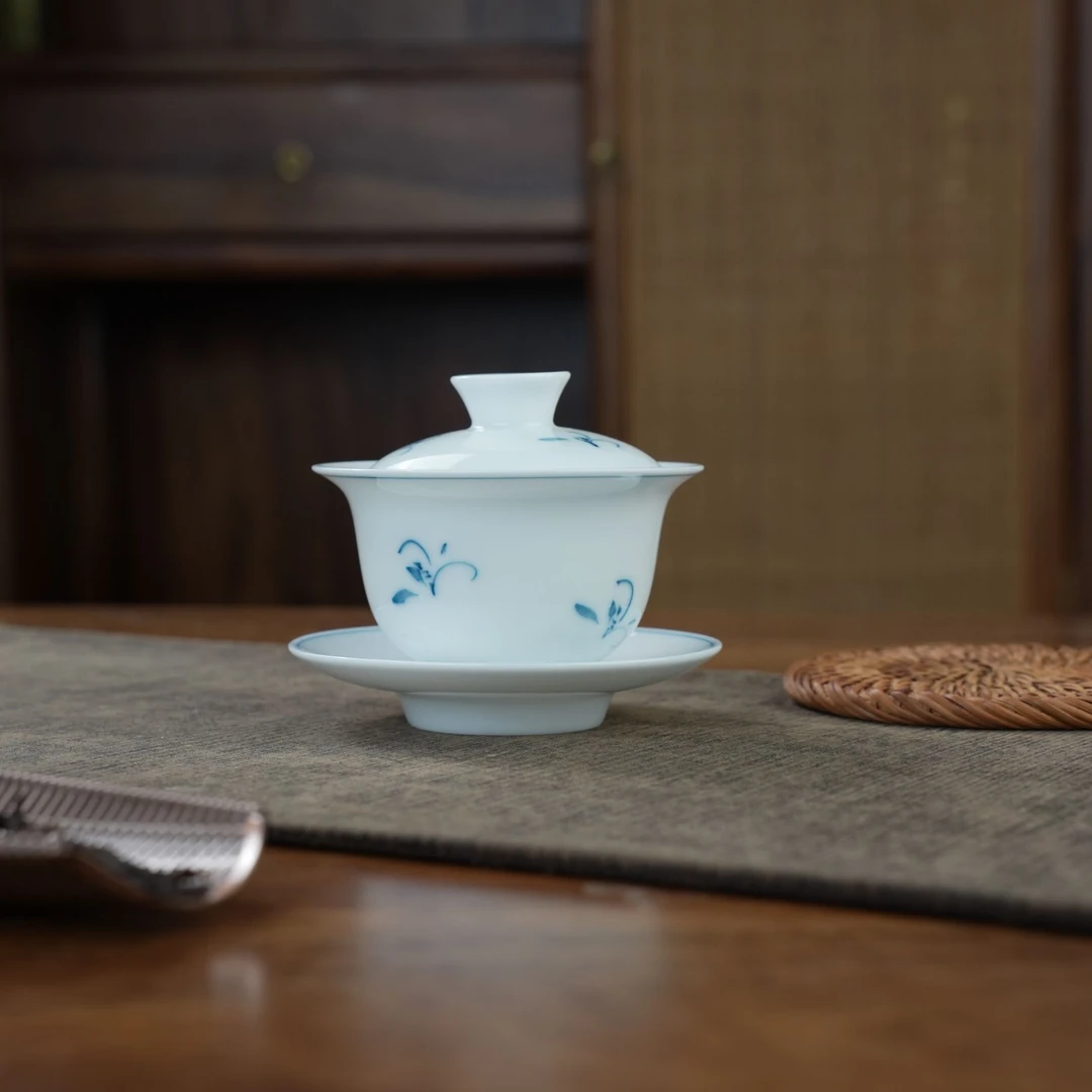 纯手工手绘三才盖碗130ml玉兰陶瓷釉下彩绘茶具茶杯盖碗