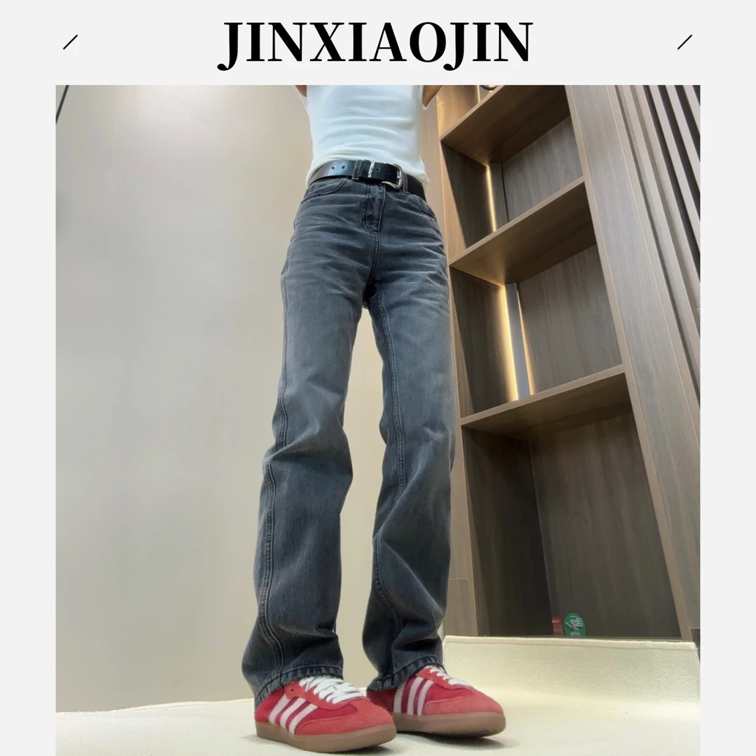 【JINXIAOJIN】早秋新款复古小众极简黑灰色窄版直筒牛仔裤25-1