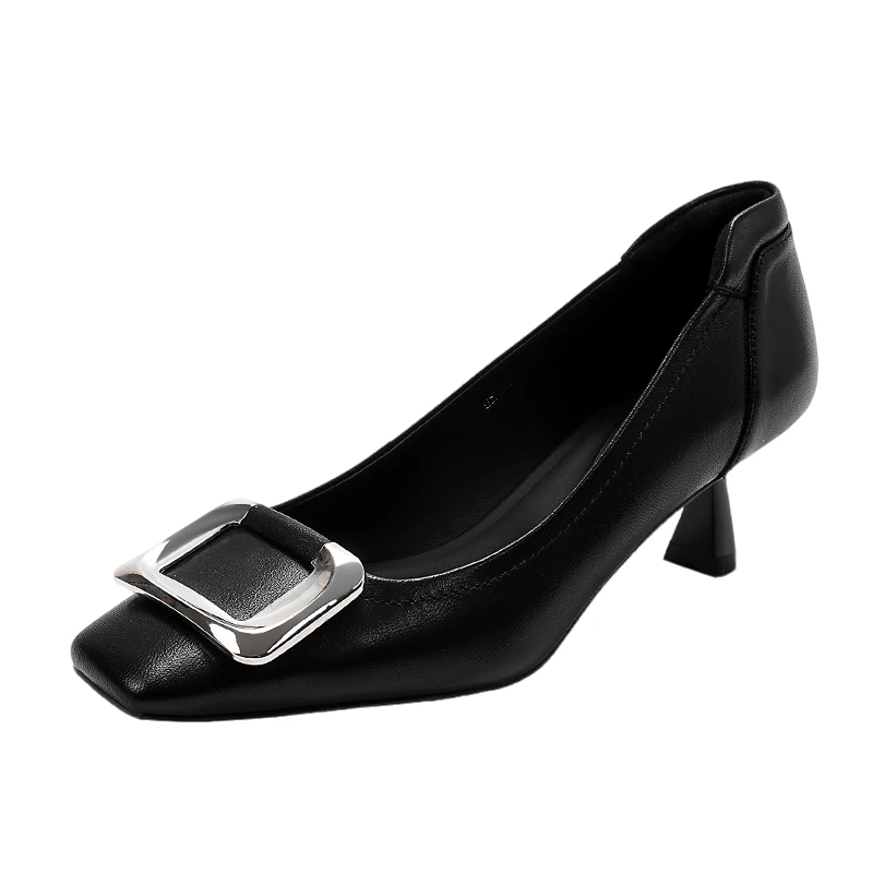 Harson/哈森2025秋季新款真皮金属方扣浅口气质高跟鞋HWS250132