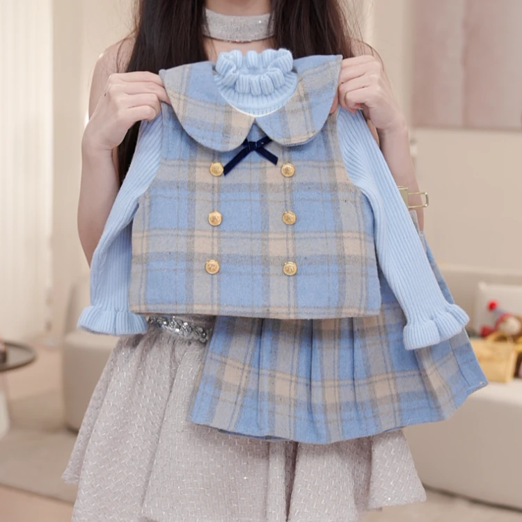 【海风】女童格子冬季加绒厚马甲三件套毛衣百褶裙套装女孩D68658