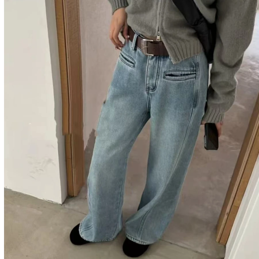 8879#弯刀牛仔裤女春季新款欧货宽松阔腿裤高腰休闲直筒拖地长裤