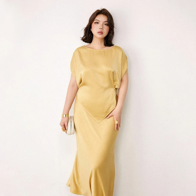 PLUSMALL浮世琉璃 扎花华尔缎光泽感衬衫鱼尾裙套装PLUS2505186AB