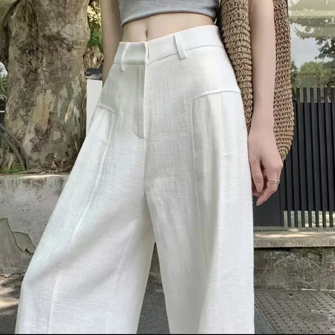 白色苎麻阔腿裤女2025夏季薄款高腰垂感老钱风西装亚麻棉麻9966
