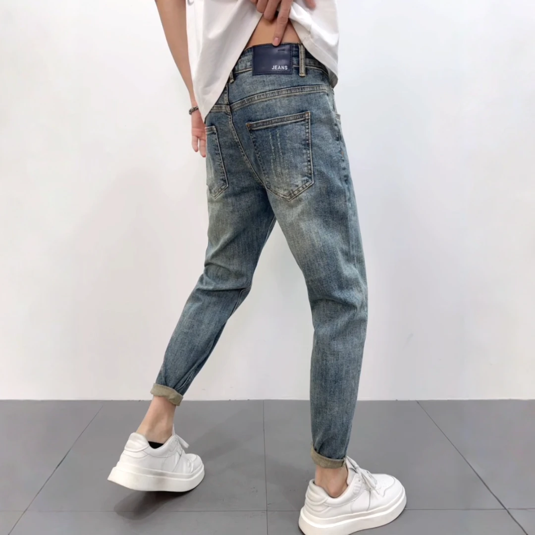 秋冬男士修身九分牛仔裤爆款2025新款蓝色水洗休闲韩版男款小脚裤