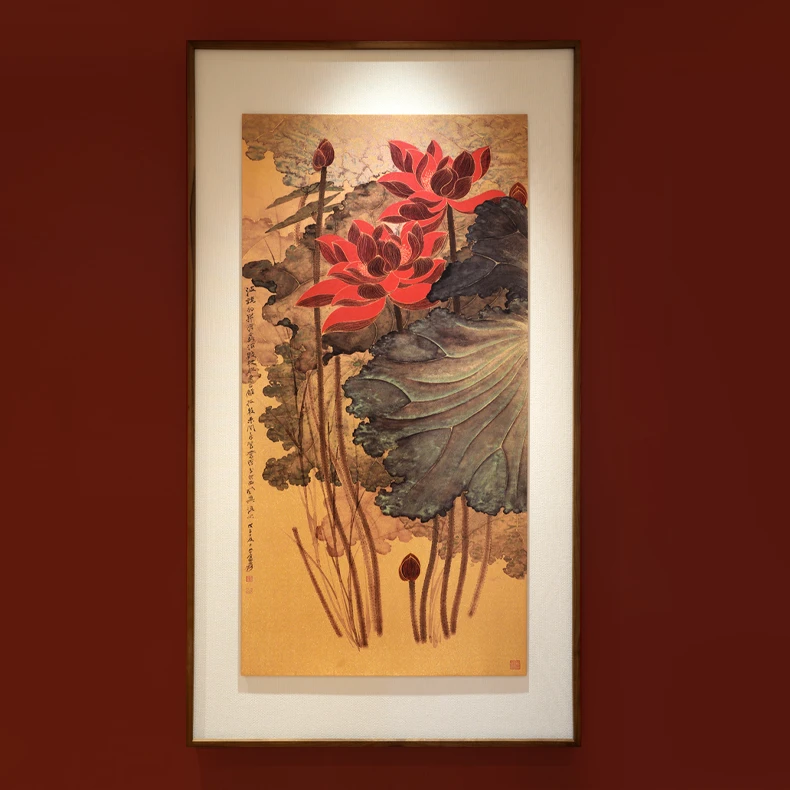 释同《金线荷花图》精致铜板画荷花图玄关餐厅装饰挂画