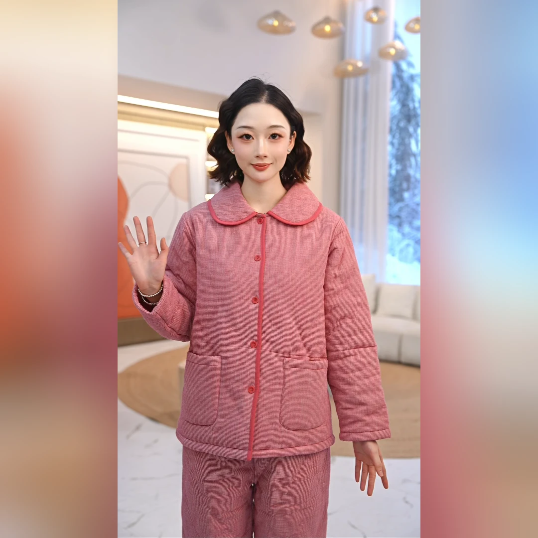 梭织双层纱扣领夹棉女套翻领胭脂女套保暖冬季女士时尚家居服