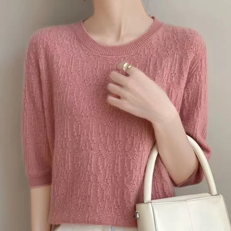 【热卖】25爆款安迪绒圆领钩花欧货小衫上衣洋气中袖针织衫显瘦