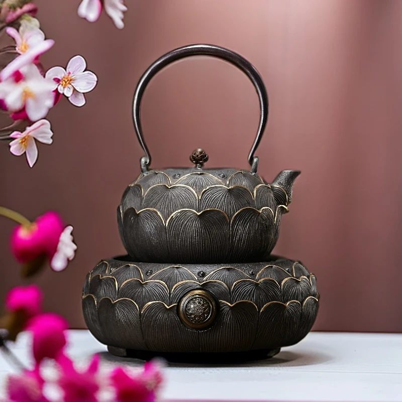 鎏金莲花无涂层鎏金老铁壶家用中式提梁烧水泡茶壶电陶炉礼盒套装