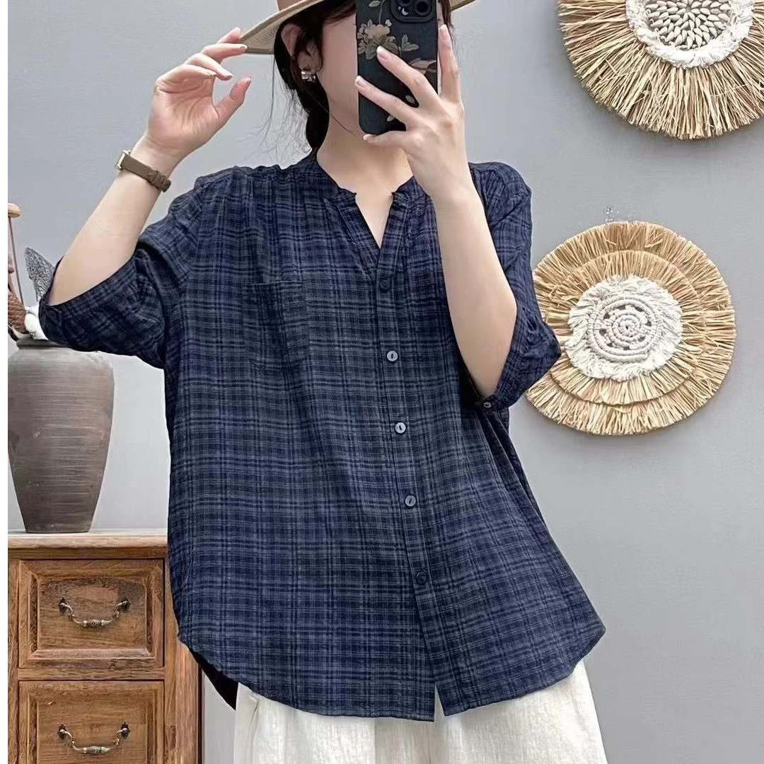 夏季中袖V领棉衬衫女2025新款减龄百搭衬衣气质大码上衣休闲女装
