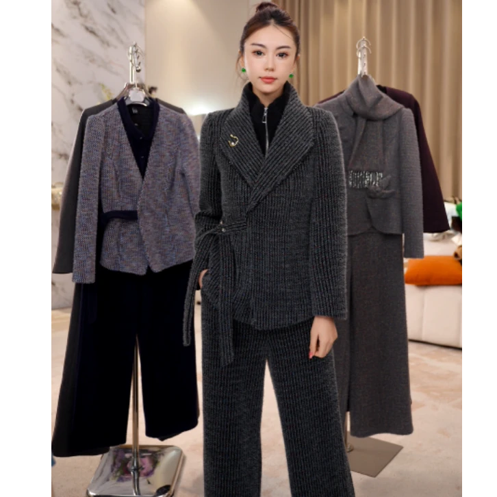 G9398优雅加厚套装2025秋冬新款女士收腰显瘦外套阔腿裤两件套