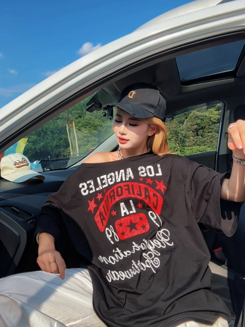 熠燃熠爆斜肩领口-星星-冰感印花宽松超大版轻薄透气半袖夏季纯棉