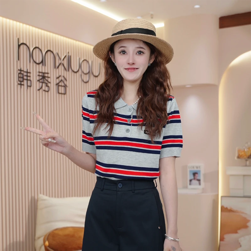 2025夏季新款时尚百搭显瘦翻领短袖针织衫女宽松显瘦上衣T恤B536