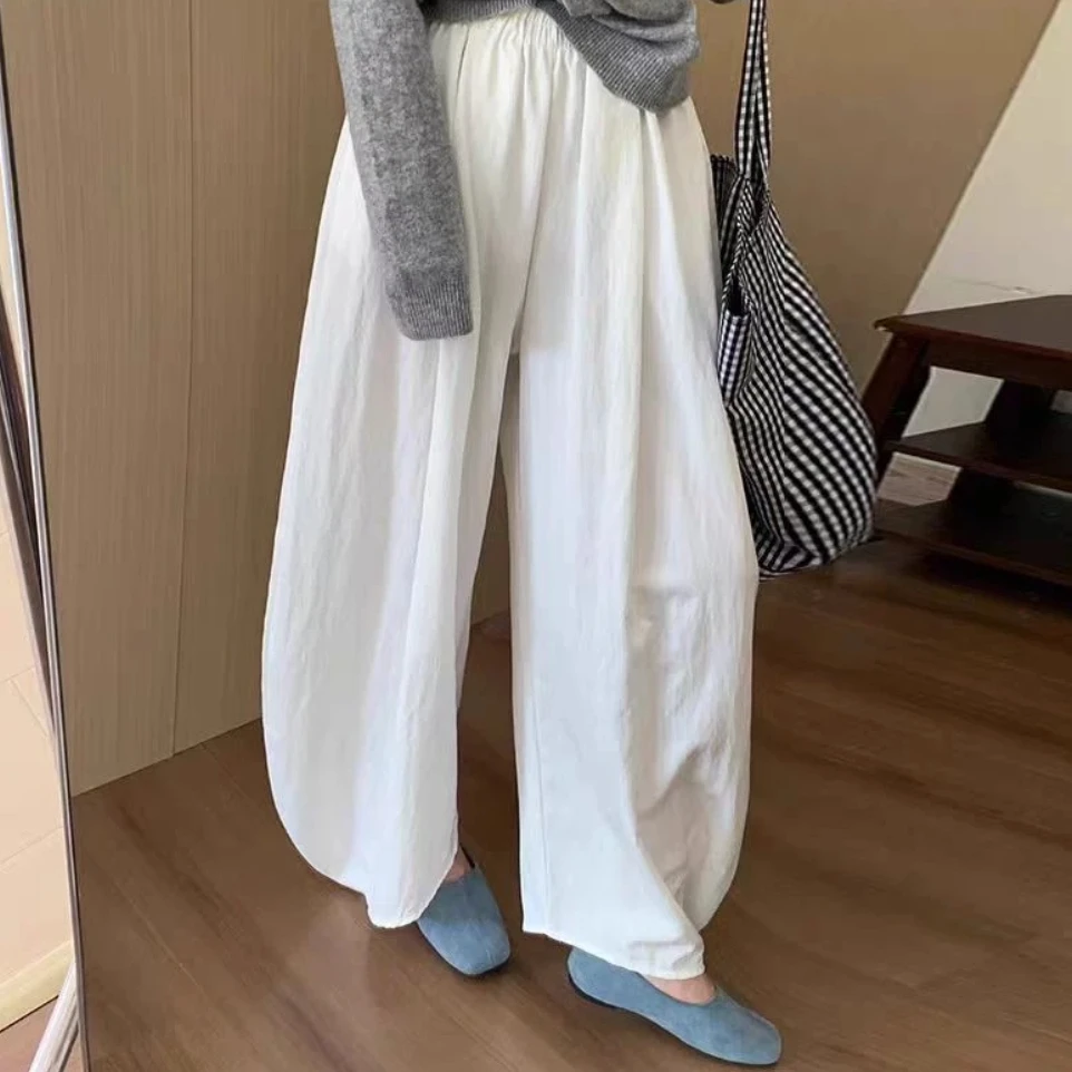 T休闲豆荚裤女士夏季薄款垂感阔腿裤高腰百搭宽松显瘦松紧腰纯色