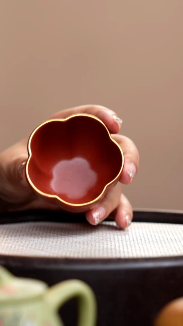 茶壶紫砂朱泥花朵杯描金