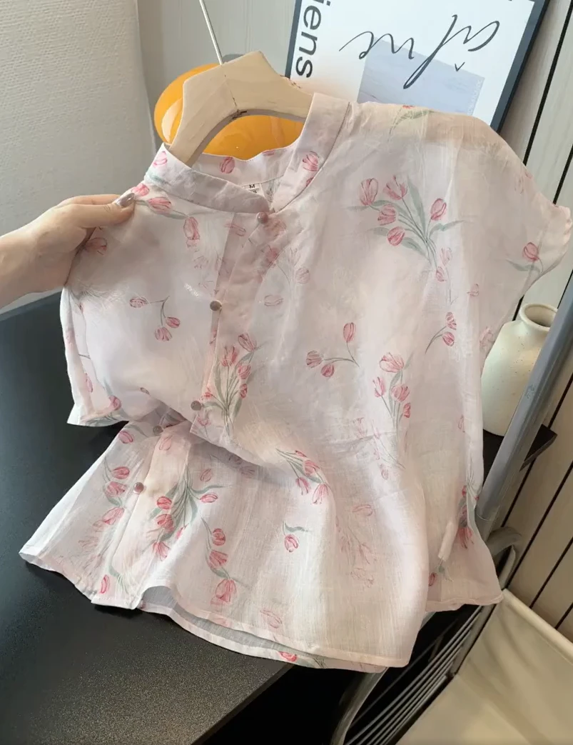 2025年提花微透衬衫碎花气质中国风时尚洋气夏季女轻奢高级上衣