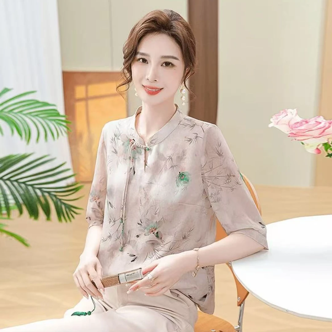 2013-中老年女士花卉印花雪纺上衣时尚气质