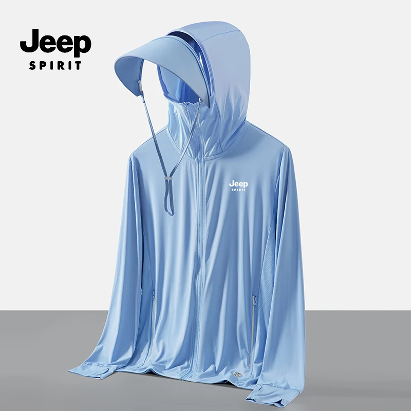 JEEPSPIRIT吉普夏季冰丝防晒衣男可拆卸大帽檐户外防紫外线钓鱼服