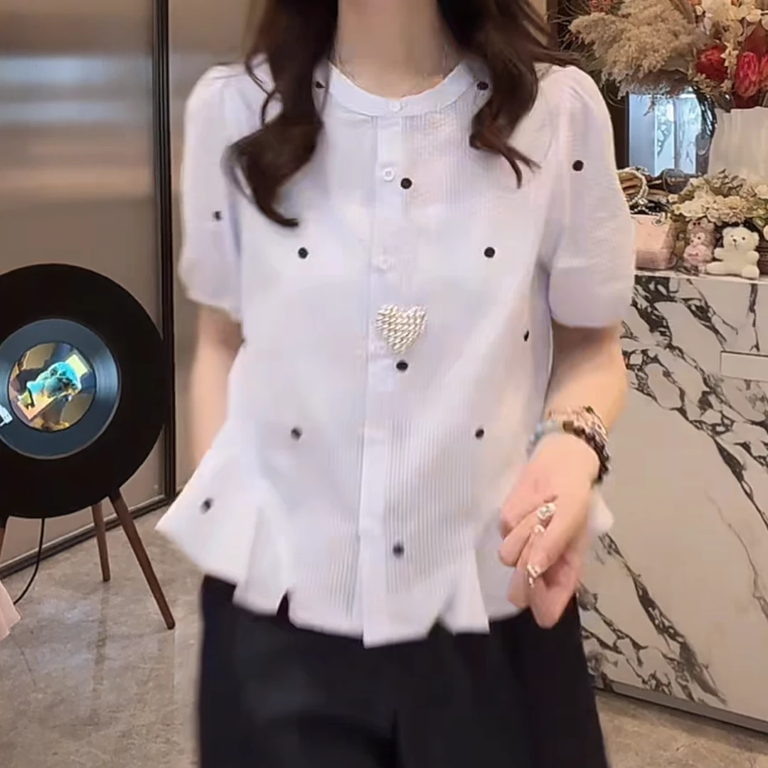 韩版夏季薄款独特漂亮小衫女气质时尚洋气短袖荷叶边衬衫通勤上衣