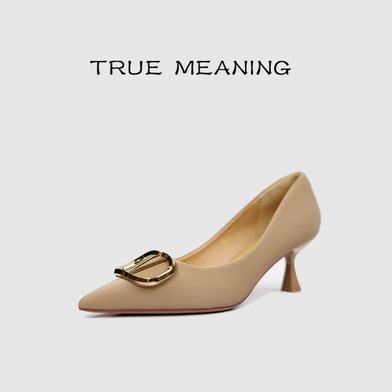 True Meaning欧若风法式气质百搭羊皮细跟侧空单鞋尖头浅口通勤