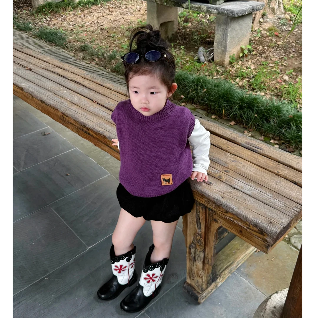 壹妈韩范童装女童时尚套装秋季新款洋气儿童紫色针织背心黑色短裤