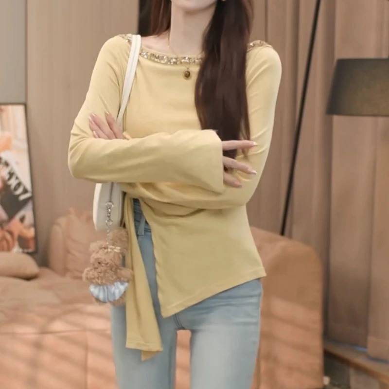 新款长袖打底衫烫钻修身不规则纯欲风T恤女LK2501938