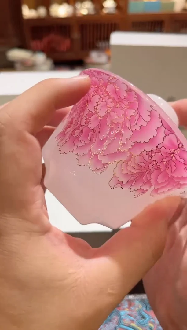 粉牡丹琉璃盖碗加二杯