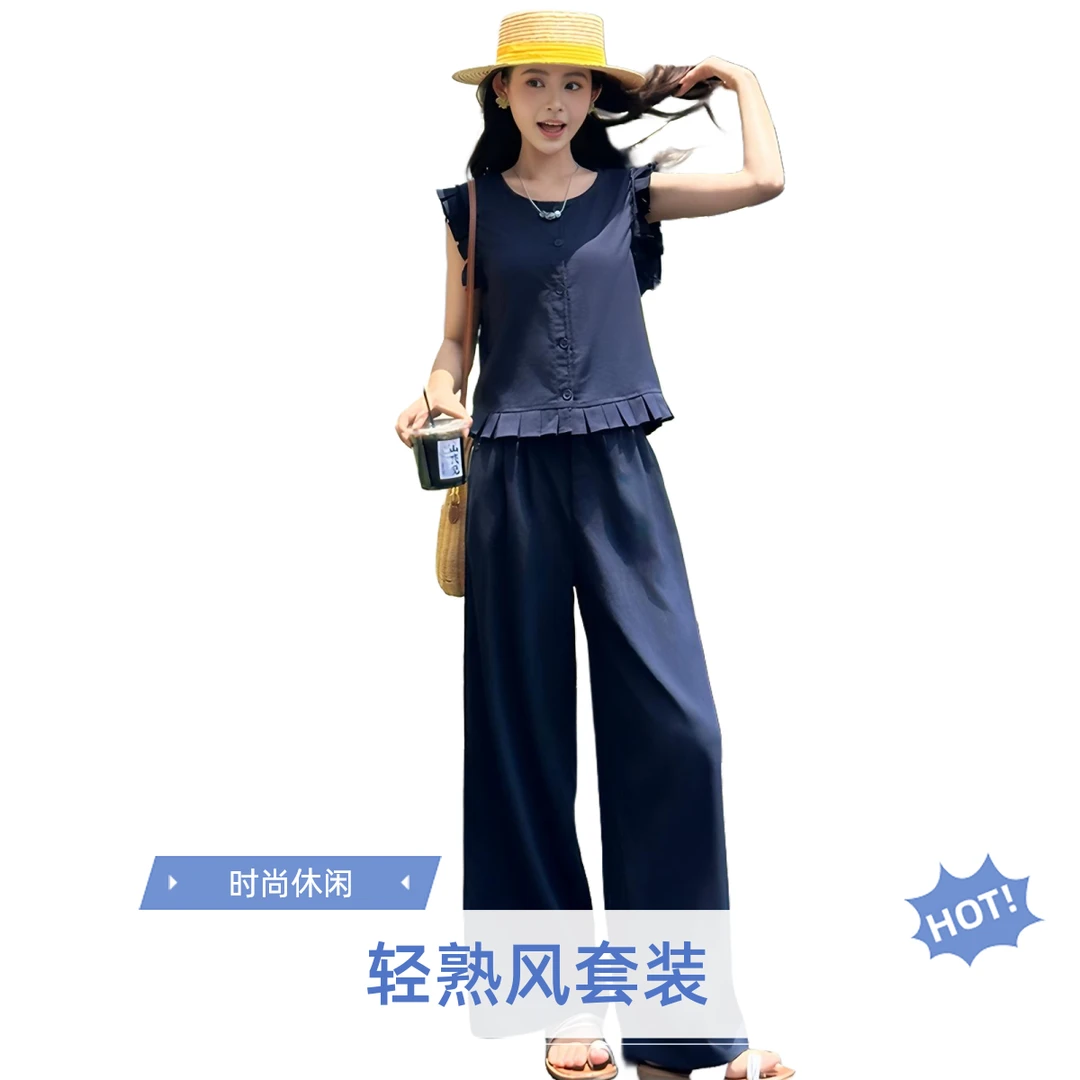轻熟风显瘦无袖极简风时尚阔腿裤时尚套装上衣休闲风洋气夏季气质