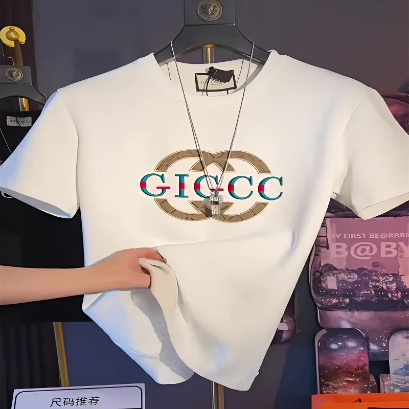 潮牌欧货重工艺字母刺绣短袖T恤男夏季修身圆领百搭时尚白色体恤