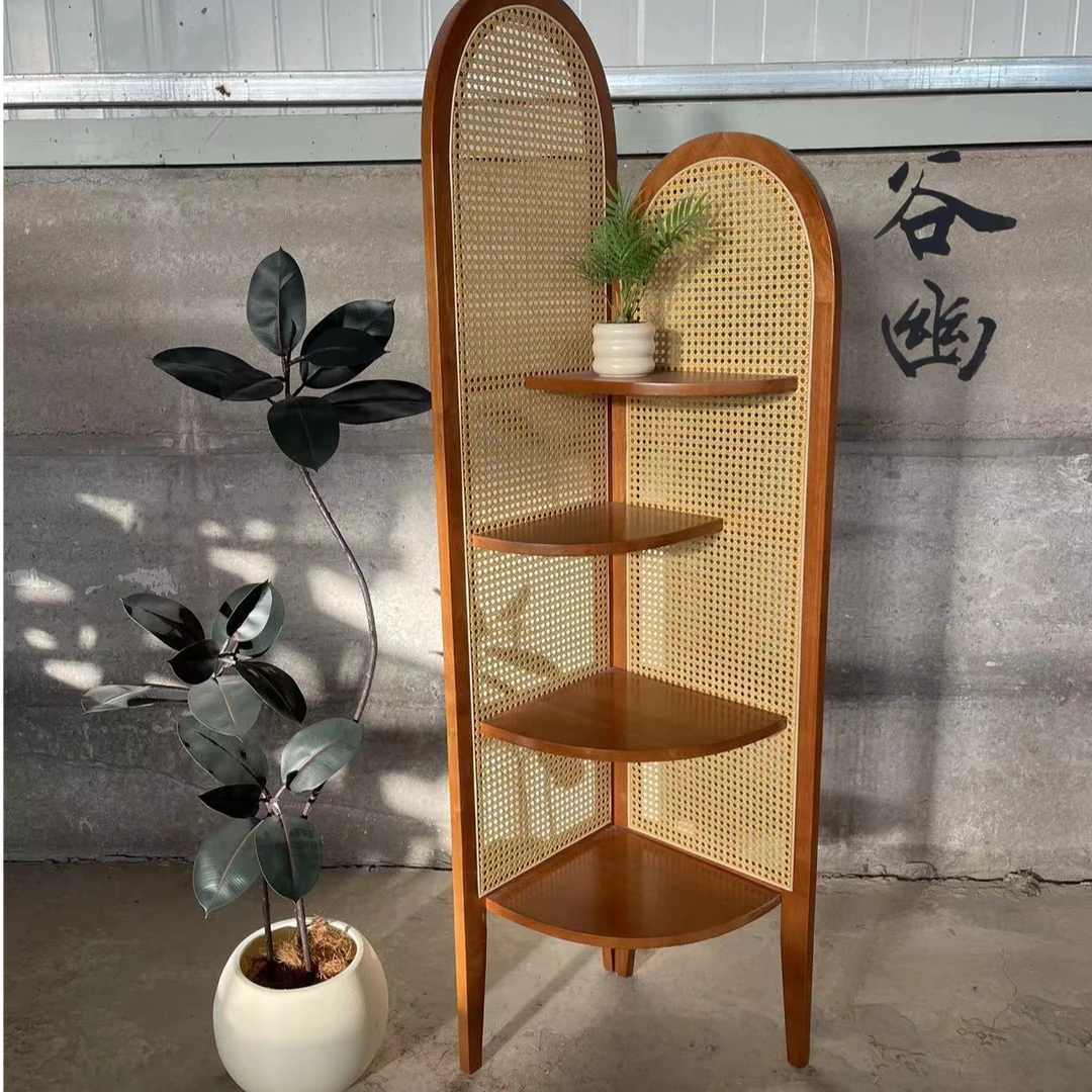中复古式藤编转角装饰置物架客厅沙发墙边书架子卧室实木隔断屏风