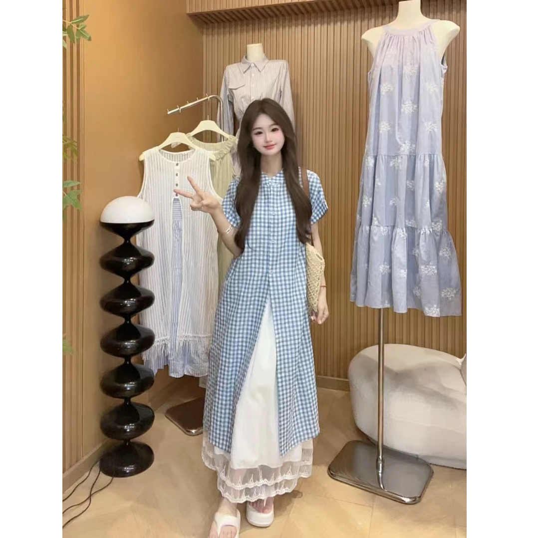 格纹长款设计感度假风短袖衬衫女夏季新款宽松休闲时尚套装7115