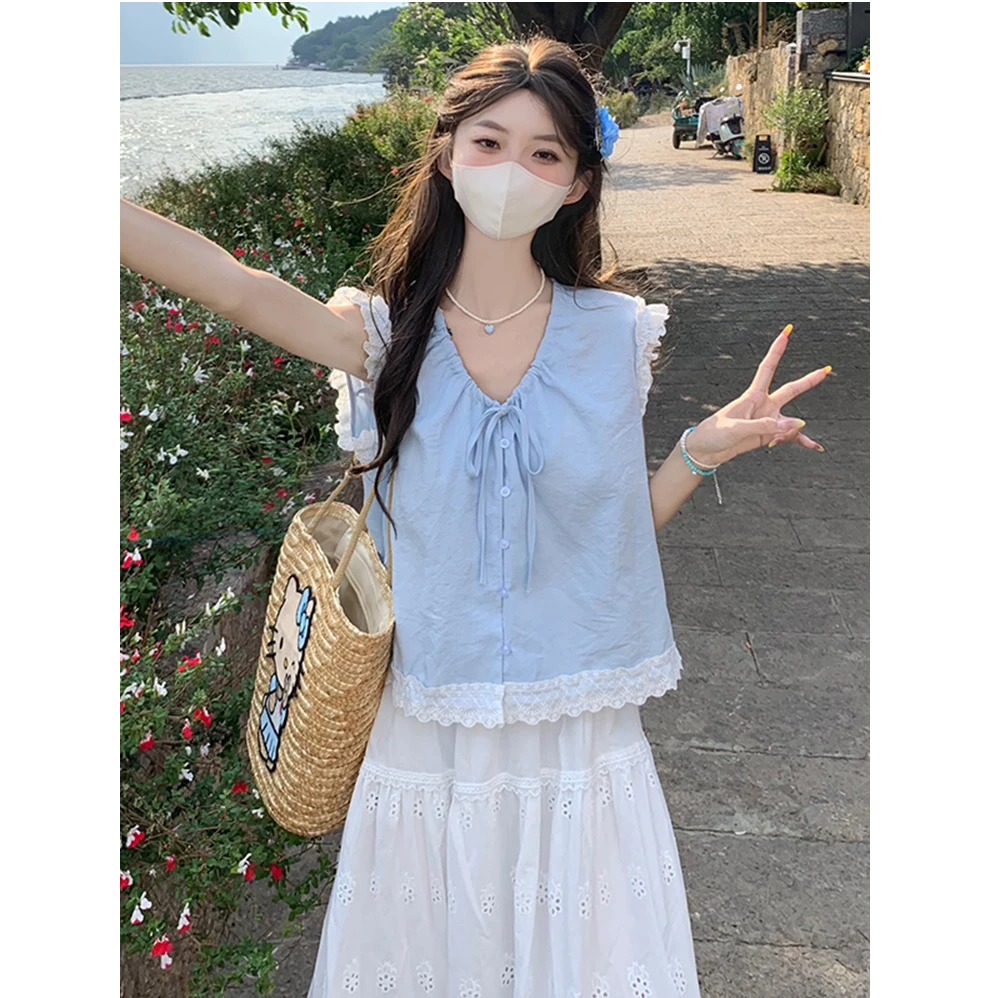 十三行2025夏季新款蕾丝木耳边拼接娃娃小衫背心女甜美无袖衬衫