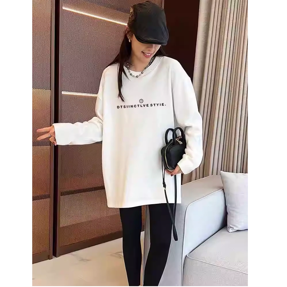 磨毛长袖t恤女中长款2025新款纯棉上衣时尚百搭减龄加厚打底衫潮