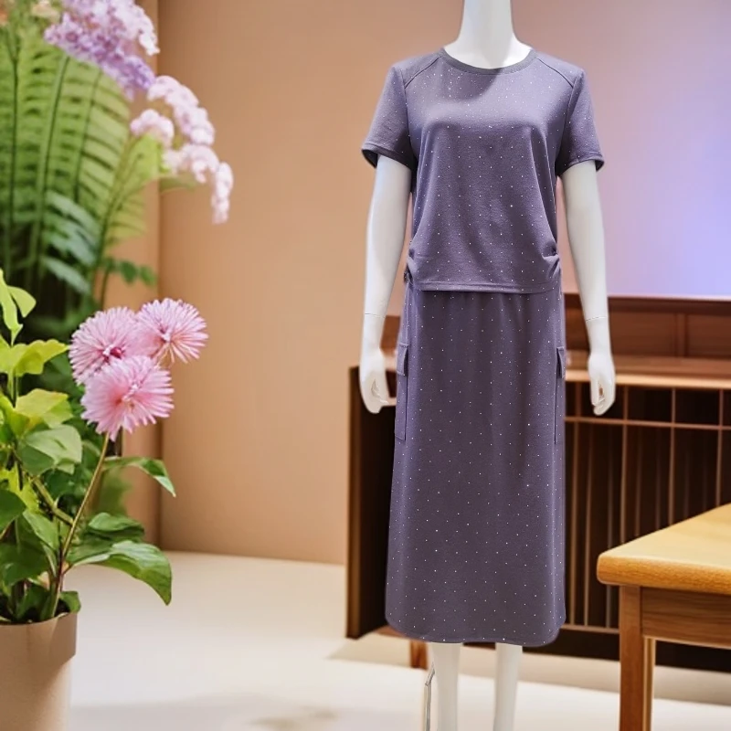 2025夏季灰色套裙917时尚洋气气质显瘦烫钻减龄休闲圆领两件套