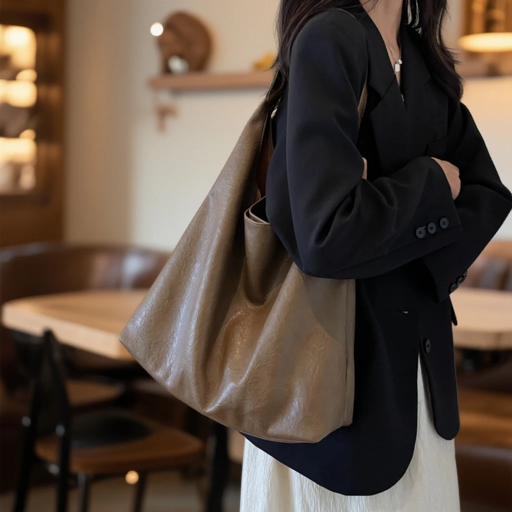 时尚百搭韩版小众简约女士单肩包 年秋季欧美复古风材质大包包